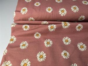 Bomuldsjersey - yndige blomster på mørk pudderrosa bund