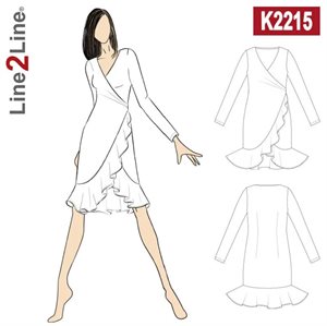 Line2Line snitmønster - K2215 Kjole med slå-om effekt og volant, stræk