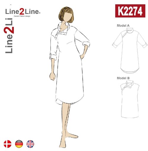Line2Line snitmønster - K2274 Kjole med ståkrave og skrå stolpe