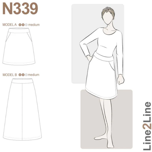 Line2Line snitmønster - N339 nederdel med lommer og faconsyet linning