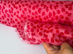 Vævet chiffon - smuk pink med røde blomsterblade