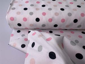 Vævet bomuldspoplin - flotte polka prikker i lyserød og grå