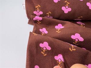 Fløjl - smalriflet babyfløjl med fine blomster på brun bund