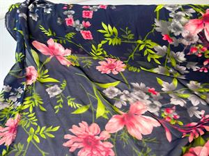 Vævet chiffon - smuk marineblå med store blomster