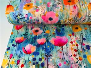 Viscosejersey - smukke akvarel blomster i intense farver
