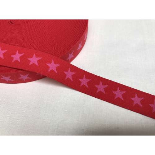 Blød elastik  til undertøj -  2 cm i rød med lyserød stjerner